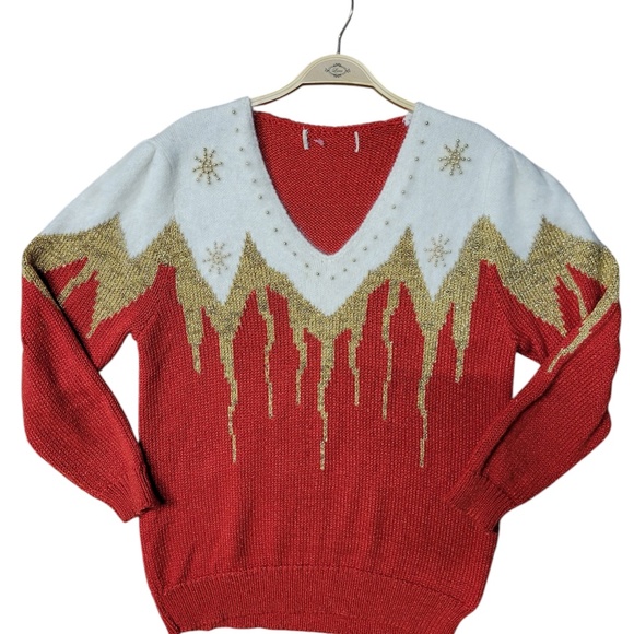Red Vintage Ugly Christmas Sweater - V Neck(UNISEX) - Picture 2 of 9